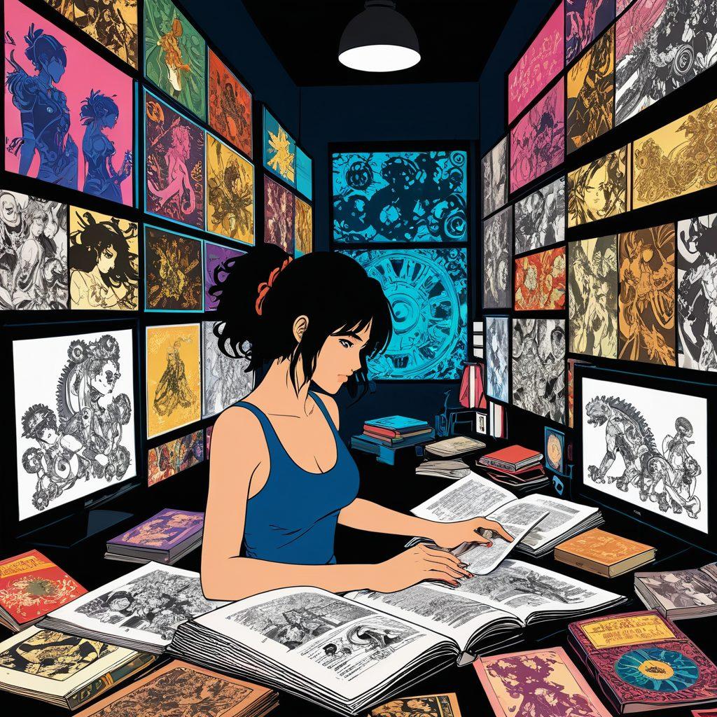 A dynamic illustration depicting the evolution of adult entertainment, showcasing various styles of hentai art from traditional hand-drawn to modern digital creation. Include elements like vintage manga books, colorful screens showing contemporary anime, and silhouettes of viewers immersed in their screens. Incorporate symbols of societal change like gears and cogs intertwining with pop culture icons. Retro aesthetics blended with modern design. vibrant colors. 3D. surreal art.