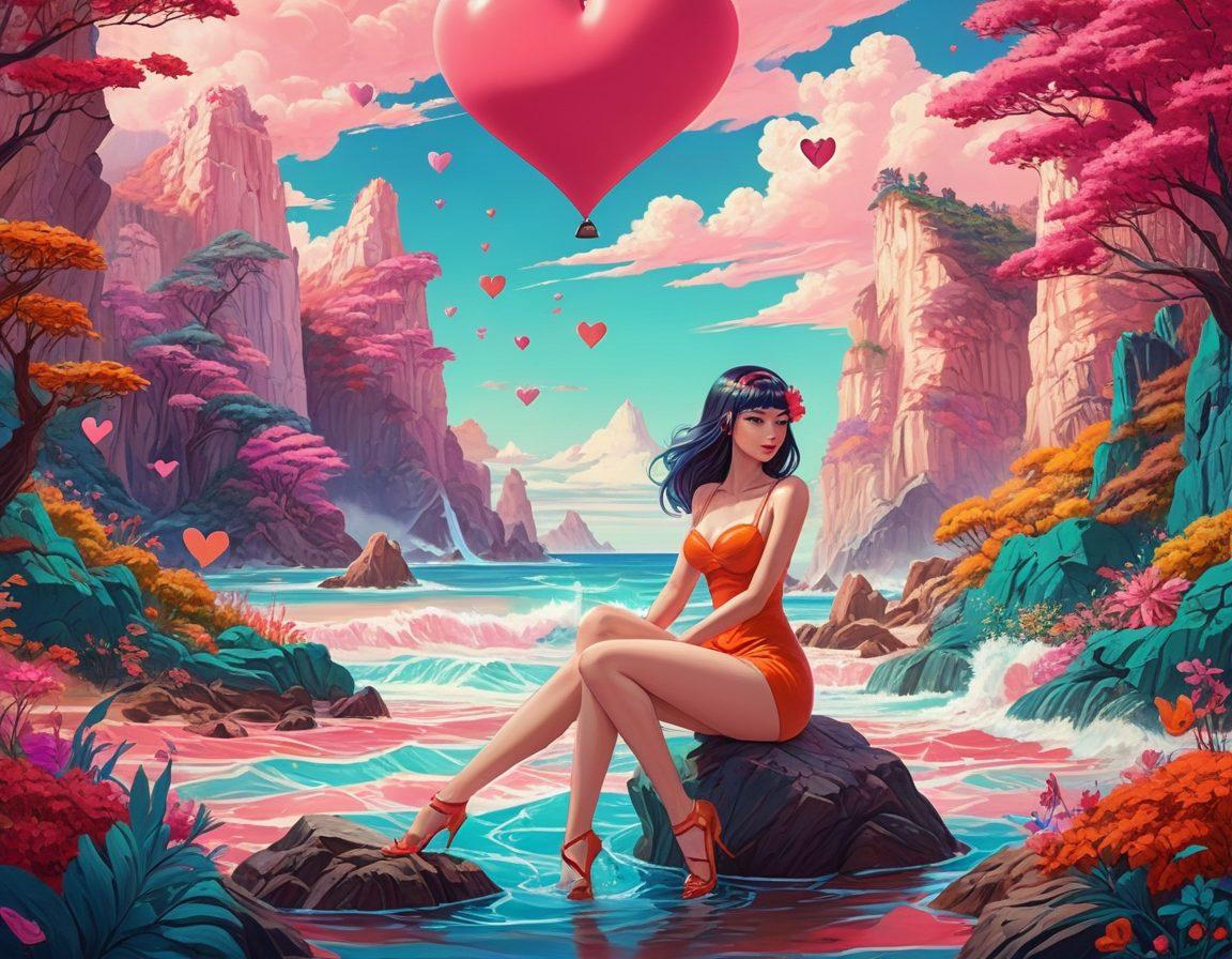 A captivating collage featuring key elements of adult animation, including vibrant and stylized characters from hentai and erotic scenes. Incorporate a surreal landscape that symbolizes exploration and fantasy, with a subtle blend of humor and sensuality. The characters should exhibit diverse styles and expressions, showcasing the range of adult animation. Background elements may include whimsical motifs like floating hearts and abstract shapes. A mix of bold colors and soft pastels enhances the visual appeal. vibrant colors. surrealism. 3D.